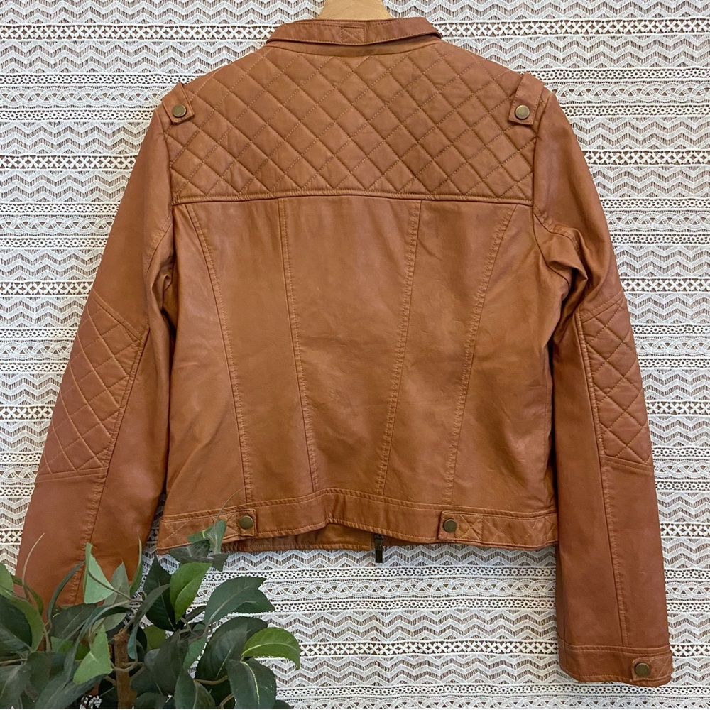 Cognac Quilted Moto Vegan Leather Jacket by BLANC NOIR - Picture 11 of 15